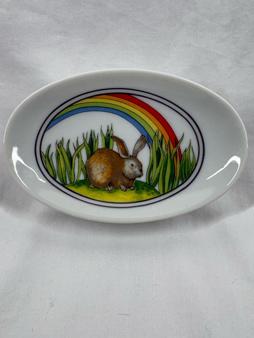 Vintage 1979 Enesco Rainbow Bunny Pedestal Trinket Dish Rabbit Decor